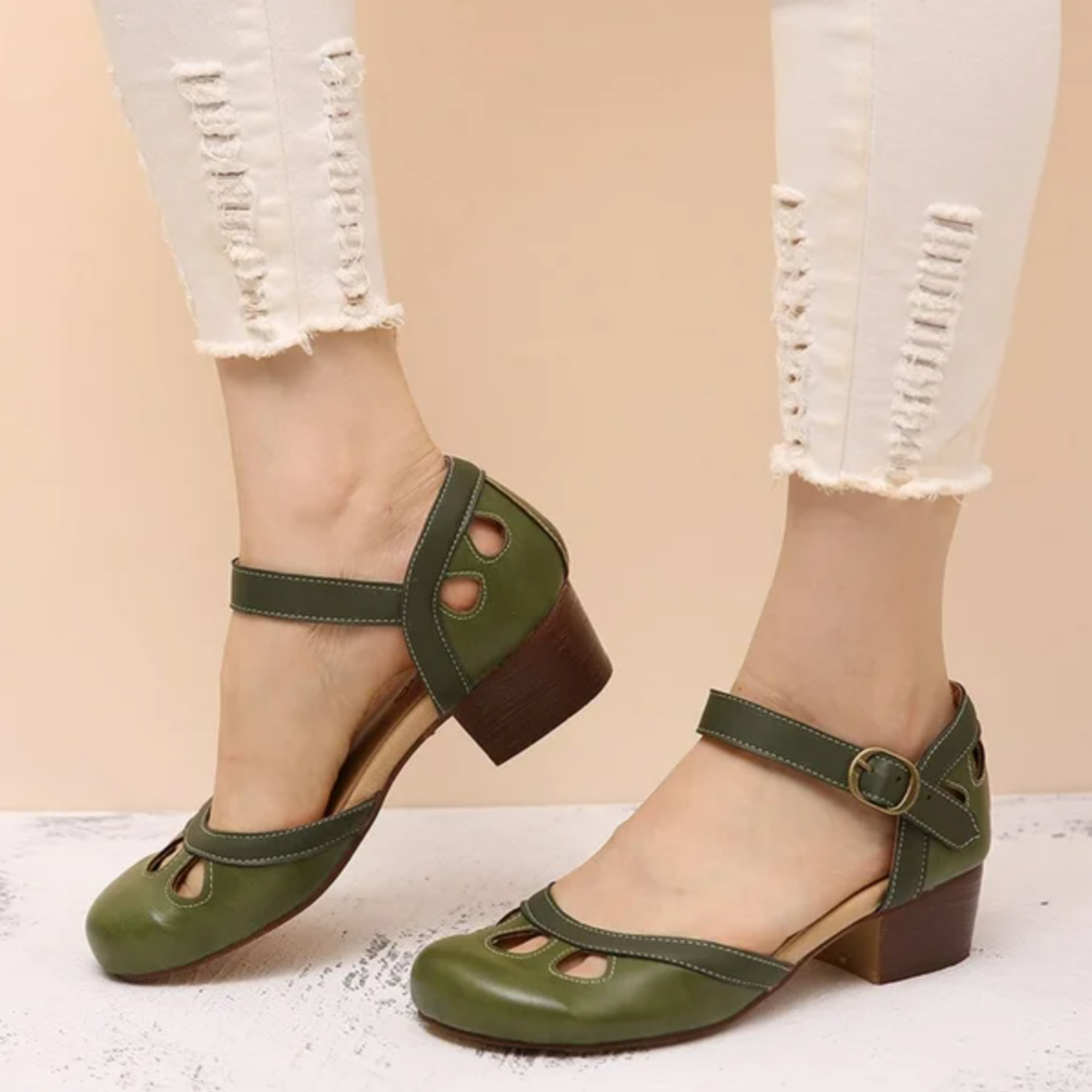 Colombe Whitfield | Green Orthopedic Low-Heeled Sandals for Women
