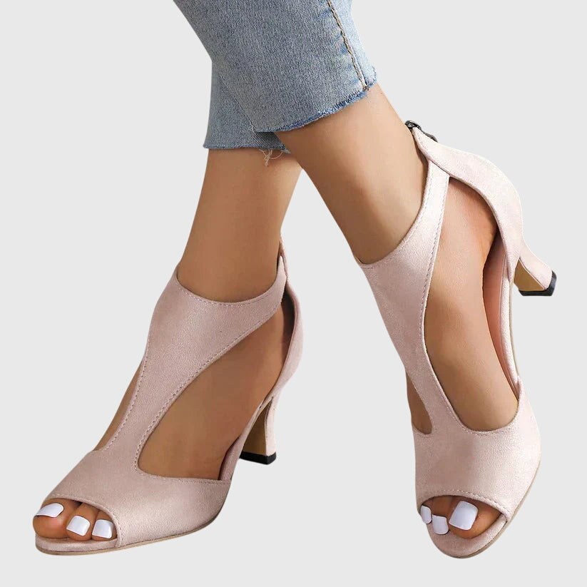 Élise Vanbrough | Blush Pink Peep Toe Block Heel Sandals