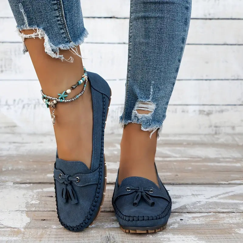 Natascha Veldkamp | Navy Blue Suede Bow-Detail Loafers