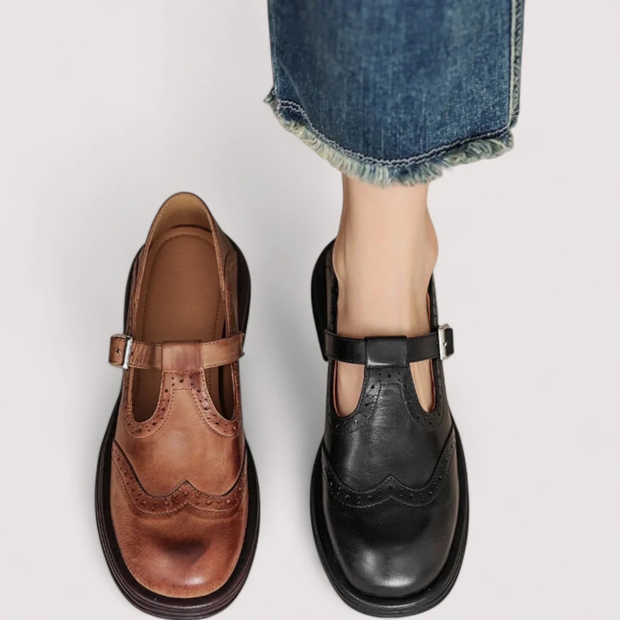 Beatrix Fontenelle | Orthopedic Brogue Mary Jane Flats in Brown Leather