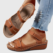 Celestina Morvaux | Red Orthopedic Wedge Sandals with Hook-and-Loop Strap
