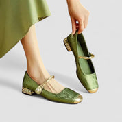Rosalind Mercer | Green Crystal Heel Mary Jane Low Heels
