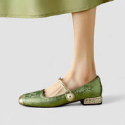 Rosalind Mercer | Green Crystal Heel Mary Jane Low Heels