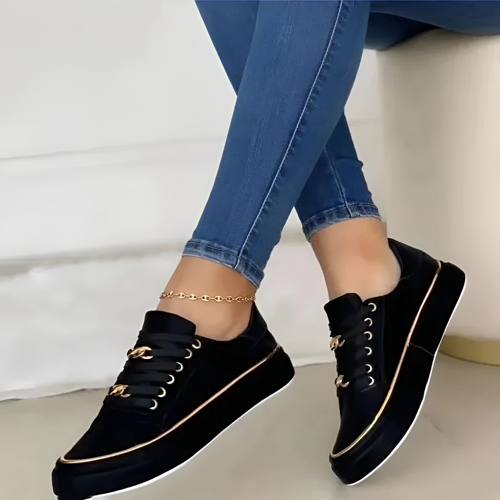 Lucinda Bergström | White Platform Sneakers with Gold Chain Detail