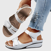 Celestina Morvaux | Red Orthopedic Wedge Sandals with Hook-and-Loop Strap