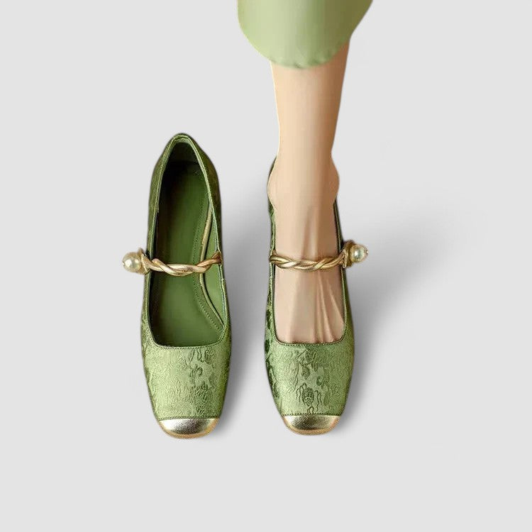 Rosalind Mercer | Green Crystal Heel Mary Jane Low Heels